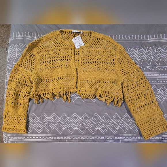 Zara Womens Fringed Macrame Short Jacket In Mustard Yellow Size Large - Picture 1 of 10